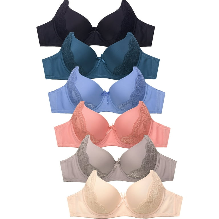 247 Frenzy Women's Essentials Sofra PACK OF 6 PLUS Full Coverage Lace Trim  Bras - D Cups 