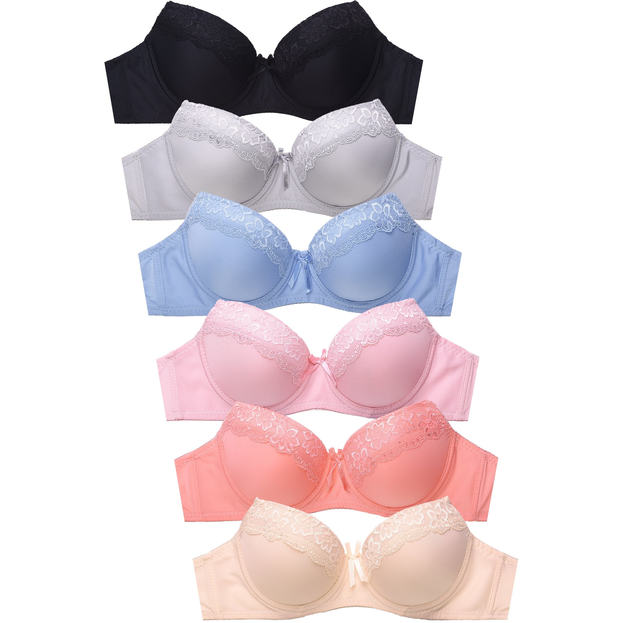 247 Frenzy Women's Essentials Sofra or Mamia PACK OF 6 Demi Coverage Lace  Accent Bras 