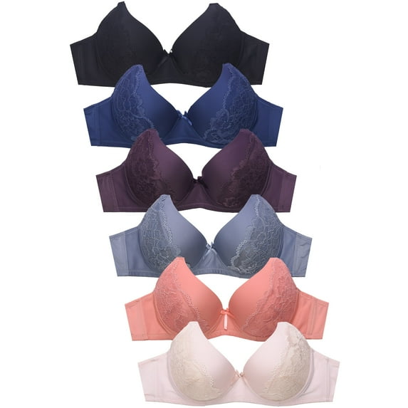 247 Frenzy Women's Essentials Sofra or Mamia PACK OF 6 PLUS Full Coverage Lace Trim Bras - DD Cups