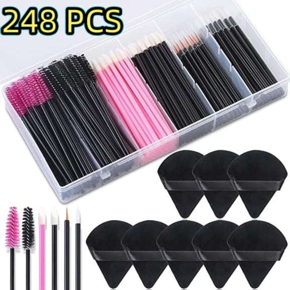 248 Pcs Disposable Makeup Applicators with Triangle Puffs, Mascara wands, Lip/Eyeliner Brushes Disposable Makeup Applicator Kit for Makeup Artist Supplies