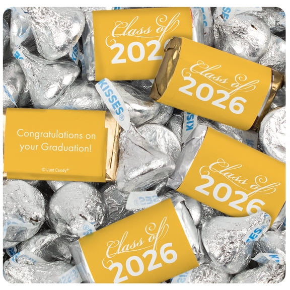 248 Pcs Graduation Class of 2026 Yellow Wrapped Miniatures and Silver Kisses Candy Mix (3 lbs)