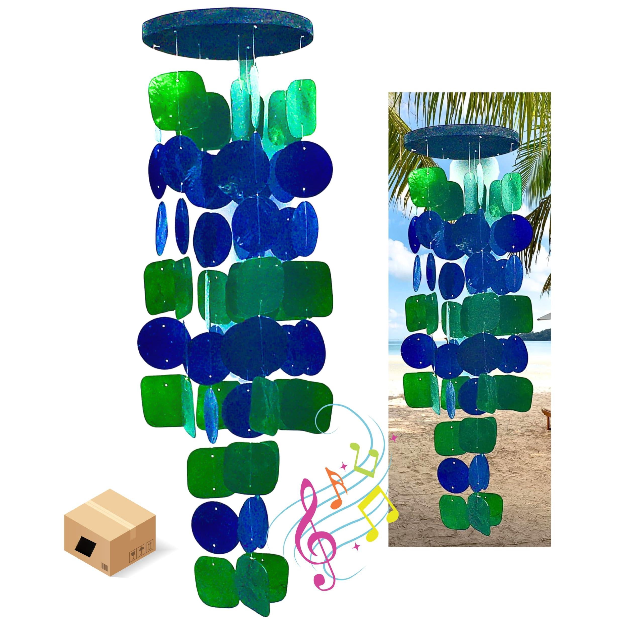 24858 Wind Chimes Outdoor  Garden Decorations Musical Indoor/outside Windchimes Beach Breeze Gifts For Mom Gift All Occasions Capiz Sea Glass Shells Wood 27 Inch Green Blue
