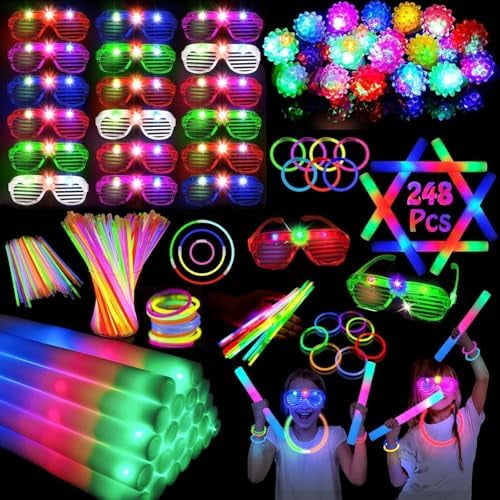 248PCS Glow in the Dark Party Supplies, Party Pack Bulk , 16PCS Foam Glow Sticks & LED Glasses, 16PCS LED Light Up Rings and 200PCS Glow Sticks for Neon Party Decorations, halloween party favors