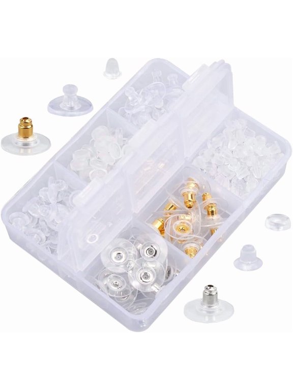 248Pcs 6 Styles Plastic Earring Backs Clear Earring Stoppers Replacement Small Mini Silicone Locking Secure Clutch Brass Ear Nuts Kits