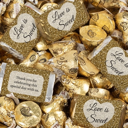 248ct Wedding Gold Chocolate Candy Assortment - Wrapped Miniatures & Gold Kisses - Glitter Heart