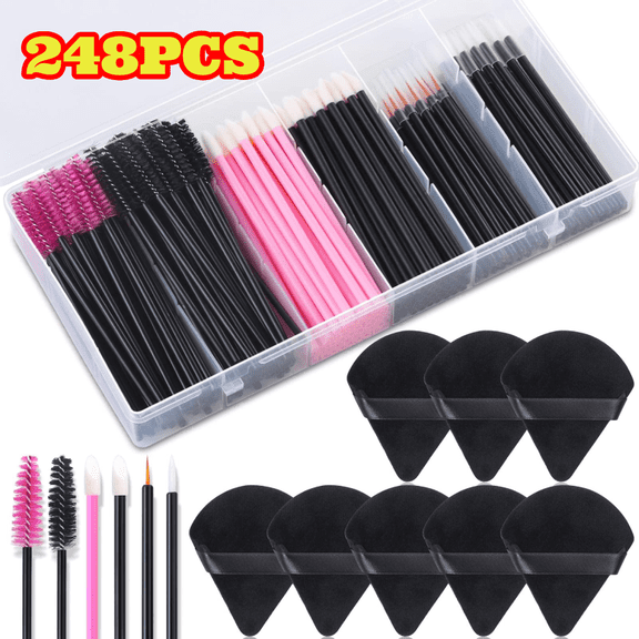 248pcs Disposable Makeup Applicators with Triangle Puffs, Mascara Wands, Lip/Eyeliner Brushes, Disposable Makeup Supplies