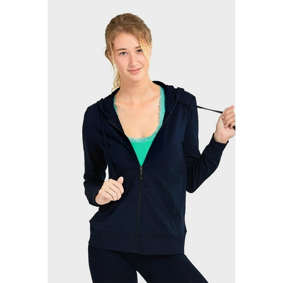 249 Frenzy Women's Active Essentials Sofra Cottonbell Full Zip Drawstring Cotton Hoodie with Pockets - Navy