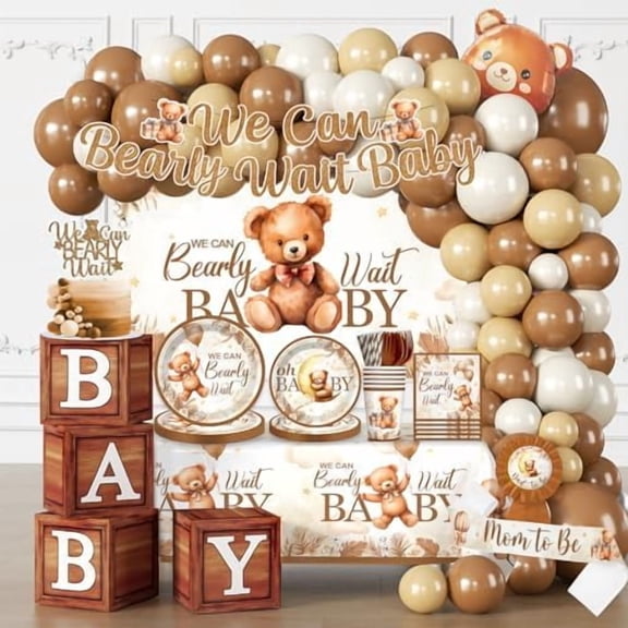 249 Pcs Bearly Wait Baby Shower Decorations, Brown Netural Balloon Arch Kit We Can Barely Wait Banner Plates and Napkin Set with Tablecloth Bear Baby Shower Decorations Brown