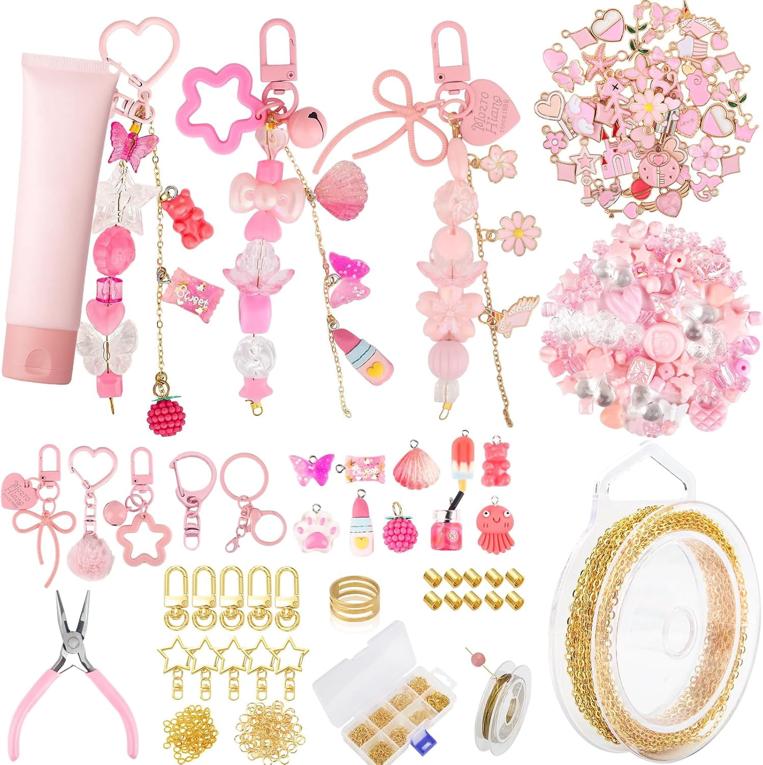 249 Pcs Keychain Making Kit — Includes 15 Keychain Clips, 16.4 Feet Chains, 100 Charms, Beading Accessories, Jewelry Pliers — DIY Bag Charms & Jewelry Craft Kit Supplies