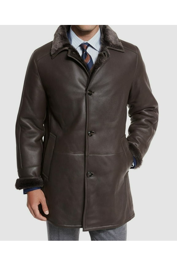 $2495 Gallotti Mens Brown Leather Shearling Fur-Lined Jacket Coat-Eu 56 US 46 XL