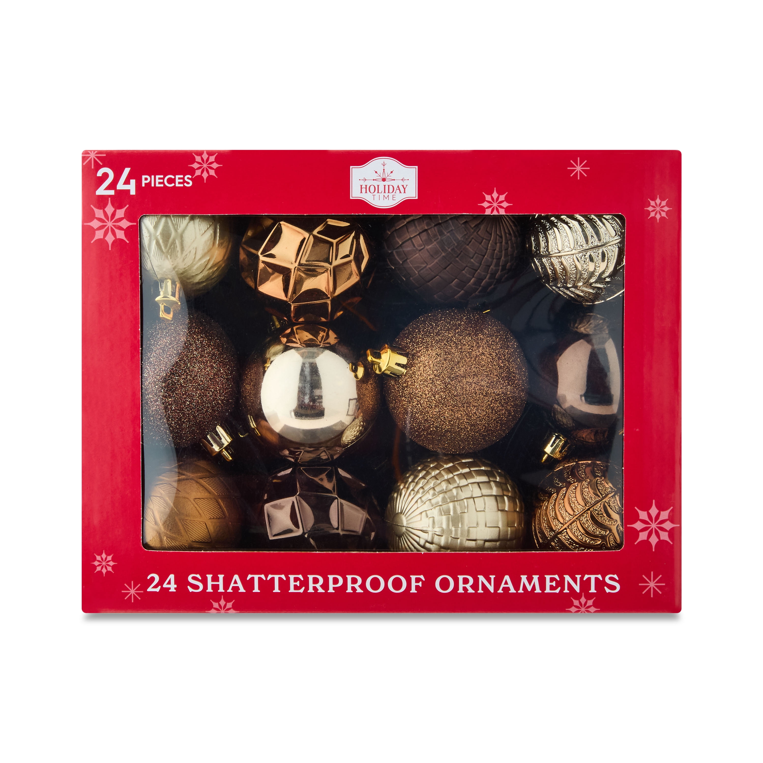 24-Count Brown, Bronze, and Champagne Shatterproof Multi-Textured Christmas Ornaments, 2.36 in, by Holiday Time
