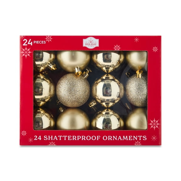 24-Count Champagne Shatterproof Ball Christmas Ornaments, 2.36 in, by Holiday Time