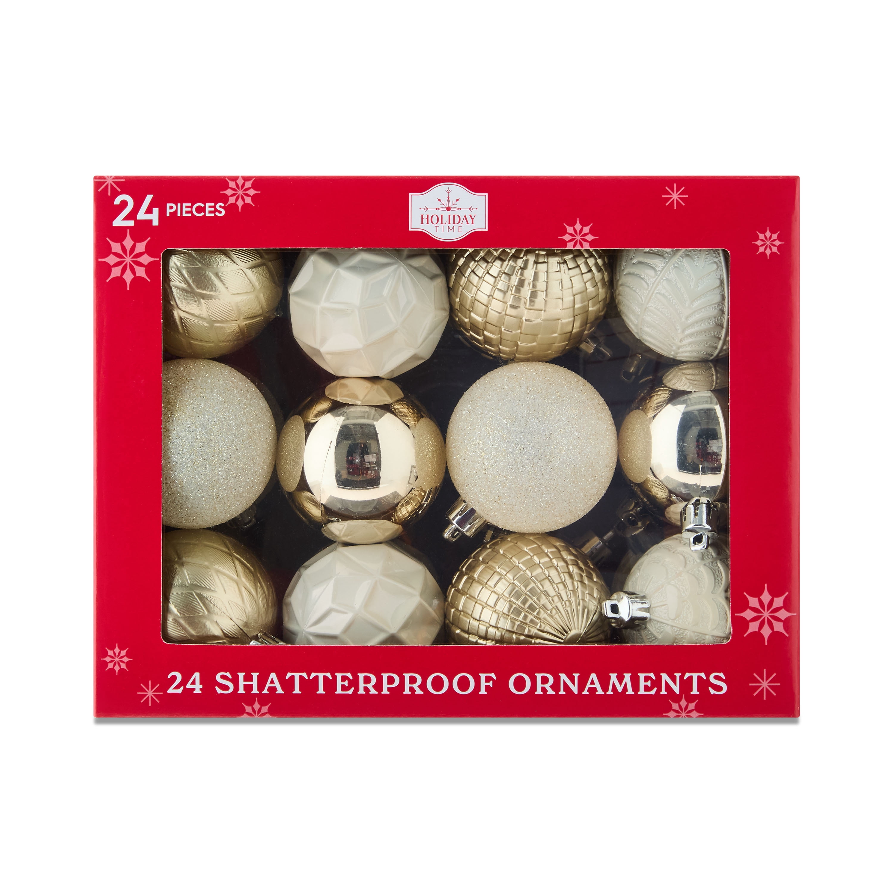 24-Count Champagne, Cream, and White Shatterproof Multi-Textured Christmas Ornaments, 2.36 in, by Holiday Time