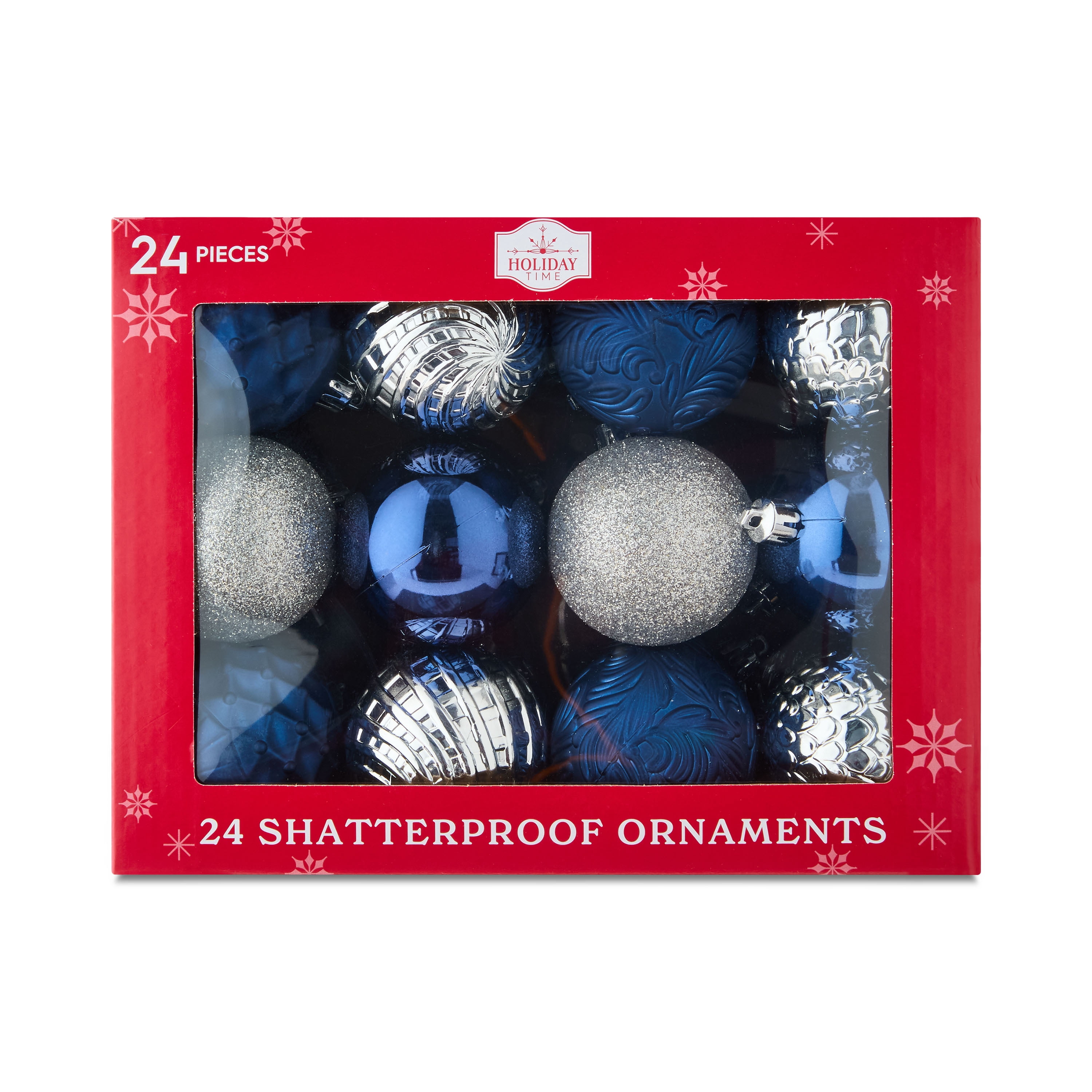 24-Count Navy and Silver Shatterproof Ball Christmas Ornaments, 2.36 in, by Holiday Time