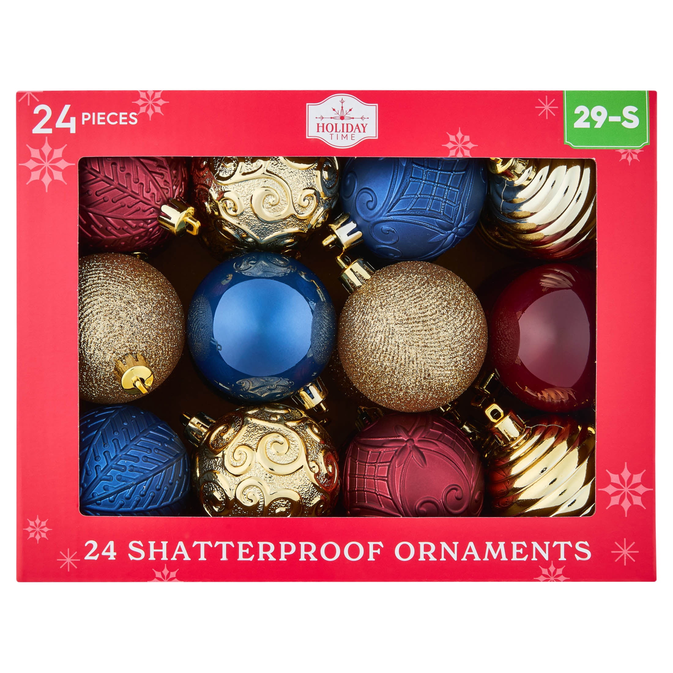 24-Count Navy/Dark Red/Gold Ball Shatterproof Christmas Ornaments, 2.8", by Holiday Time