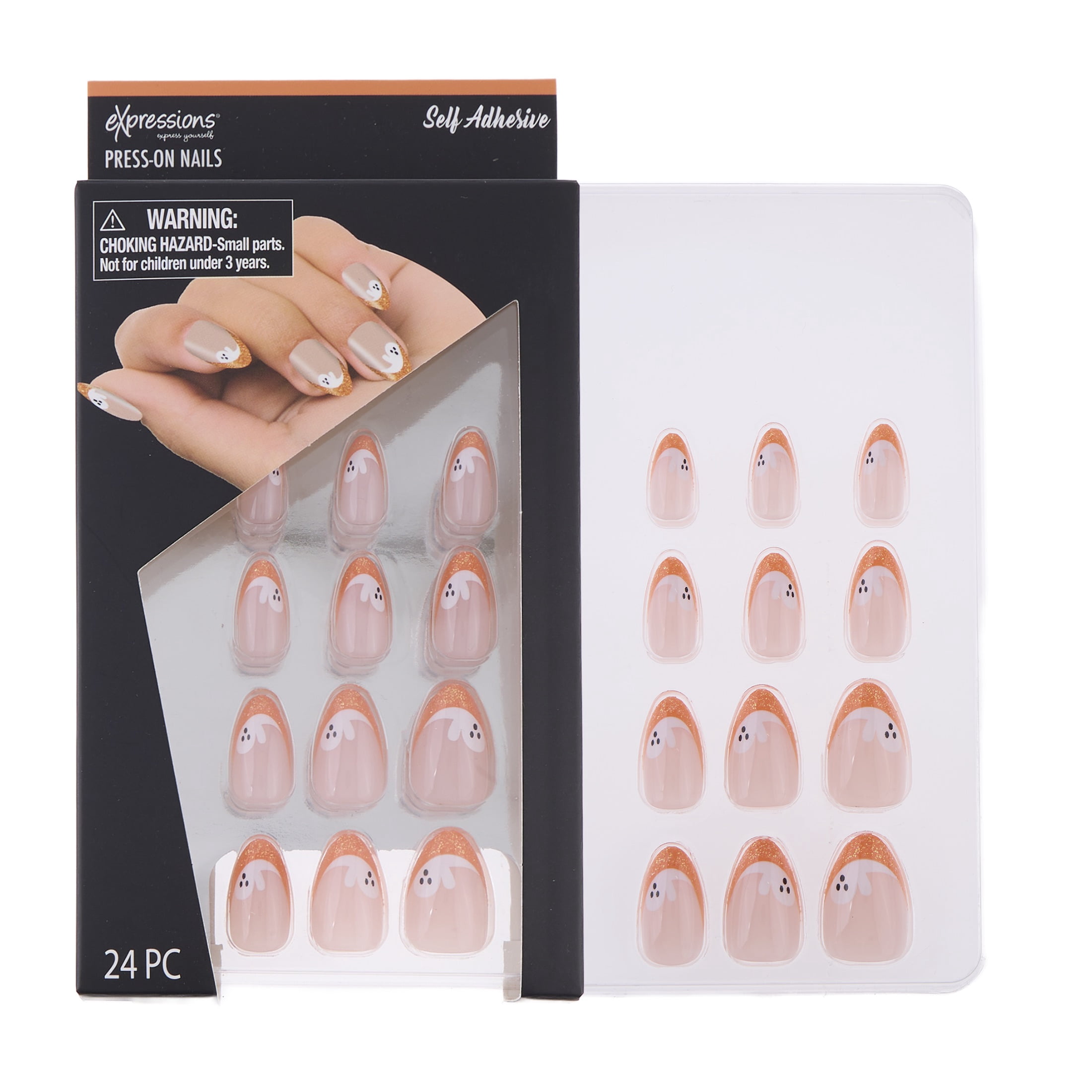 Expressions 24-Pack Self Adhesive Halloween Press-On Nails - Orange Ghosts French Tip
