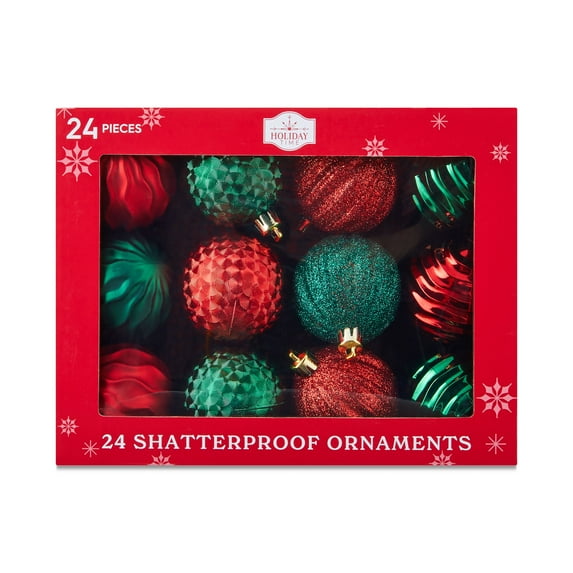 24-Count Red and Green Shatterproof Multi-Textured Christmas Ornaments, 2.36 in, by Holiday Time