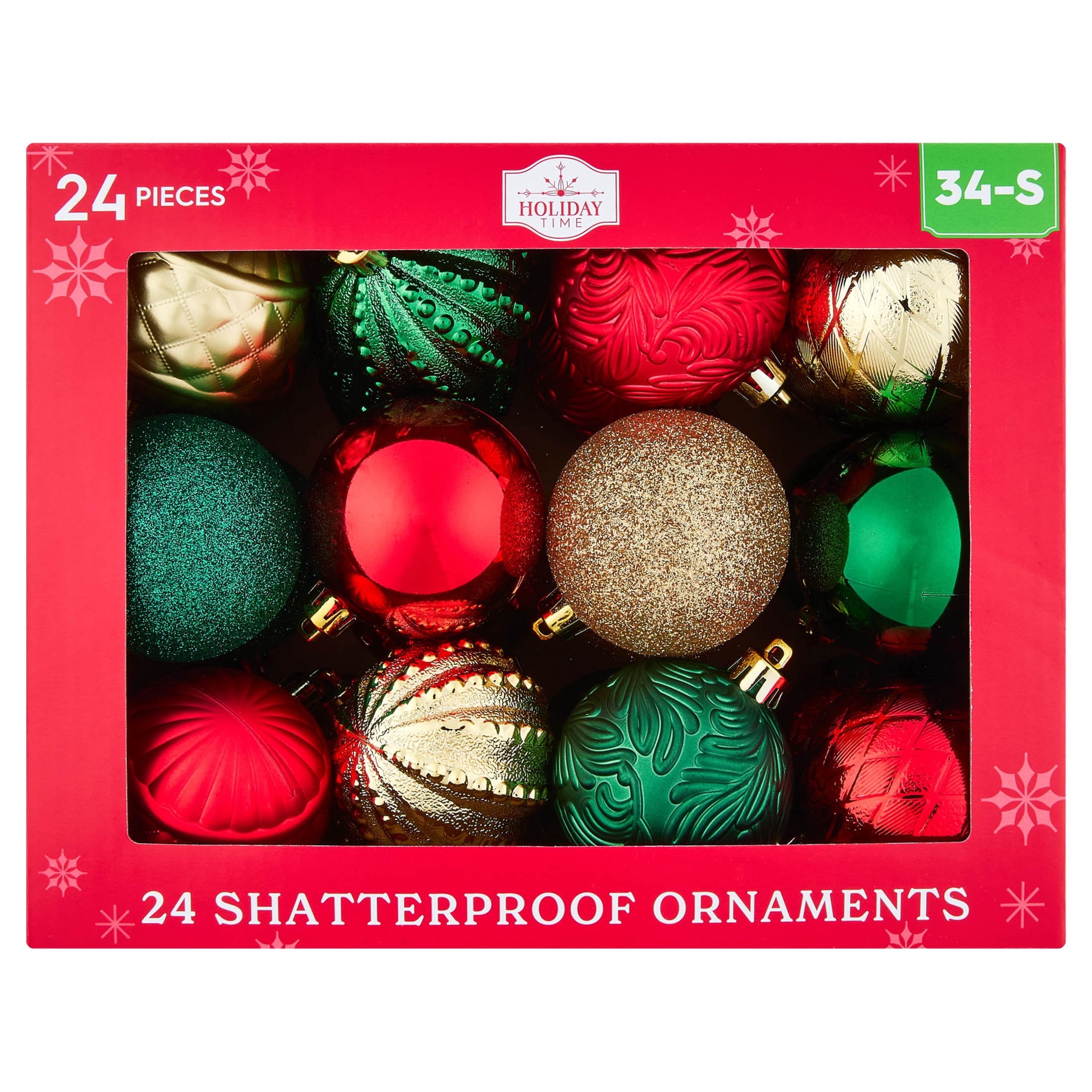 24-Count Red/Green/Gold Ball Shatterproof Christmas Ornaments, 2.8", by Holiday Time