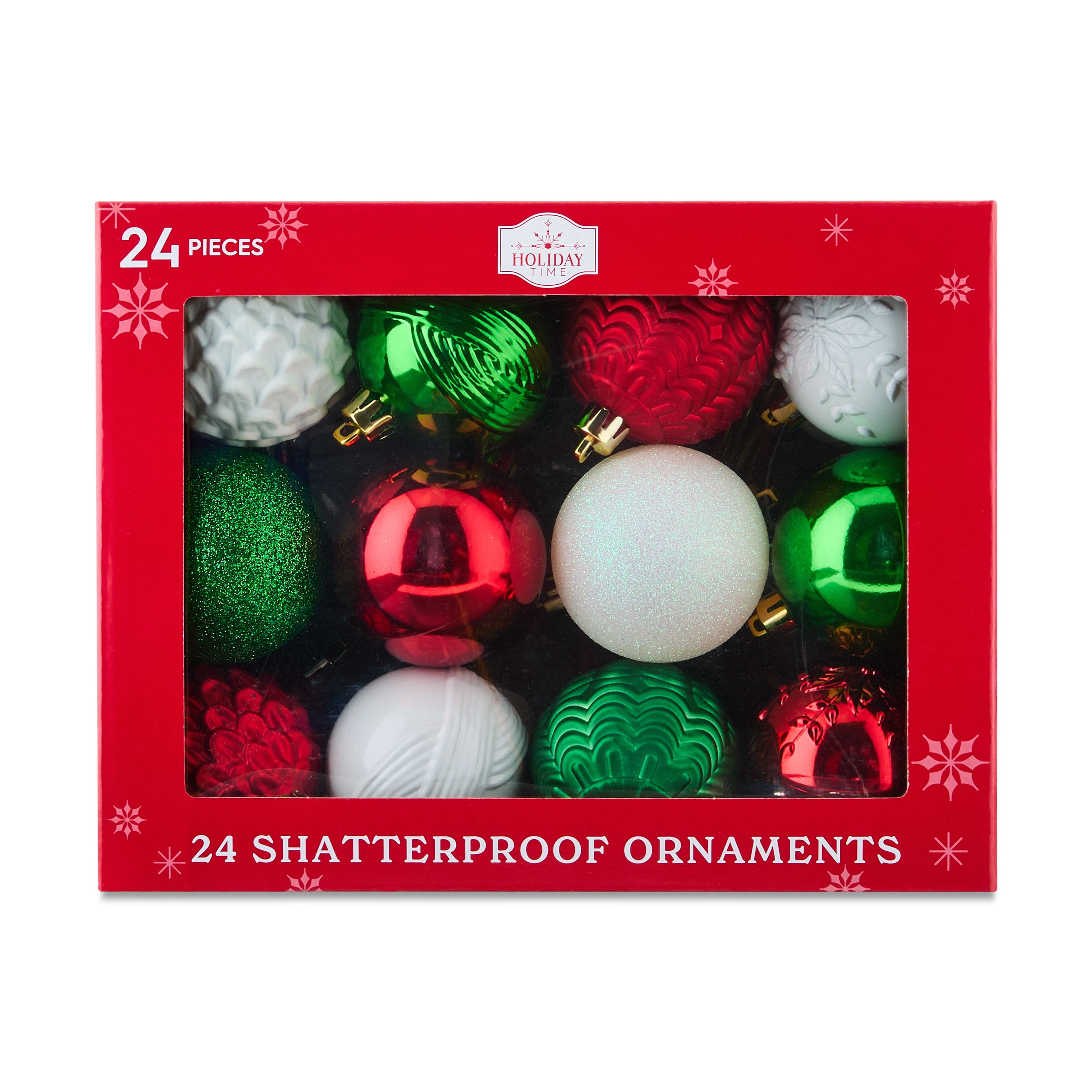24-Count Red, Green, and White Shatterproof Multi-Textured Christmas Ornaments, 2.36 in, by Holiday Time