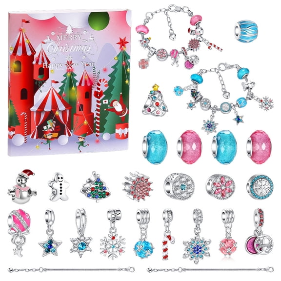 24Days Christmas Advent Calendar 2026 DIY Jewelry Charm Bracelet Kit Gold Tone Glass Beads Snowman Bell Surprise Present for Women Girls