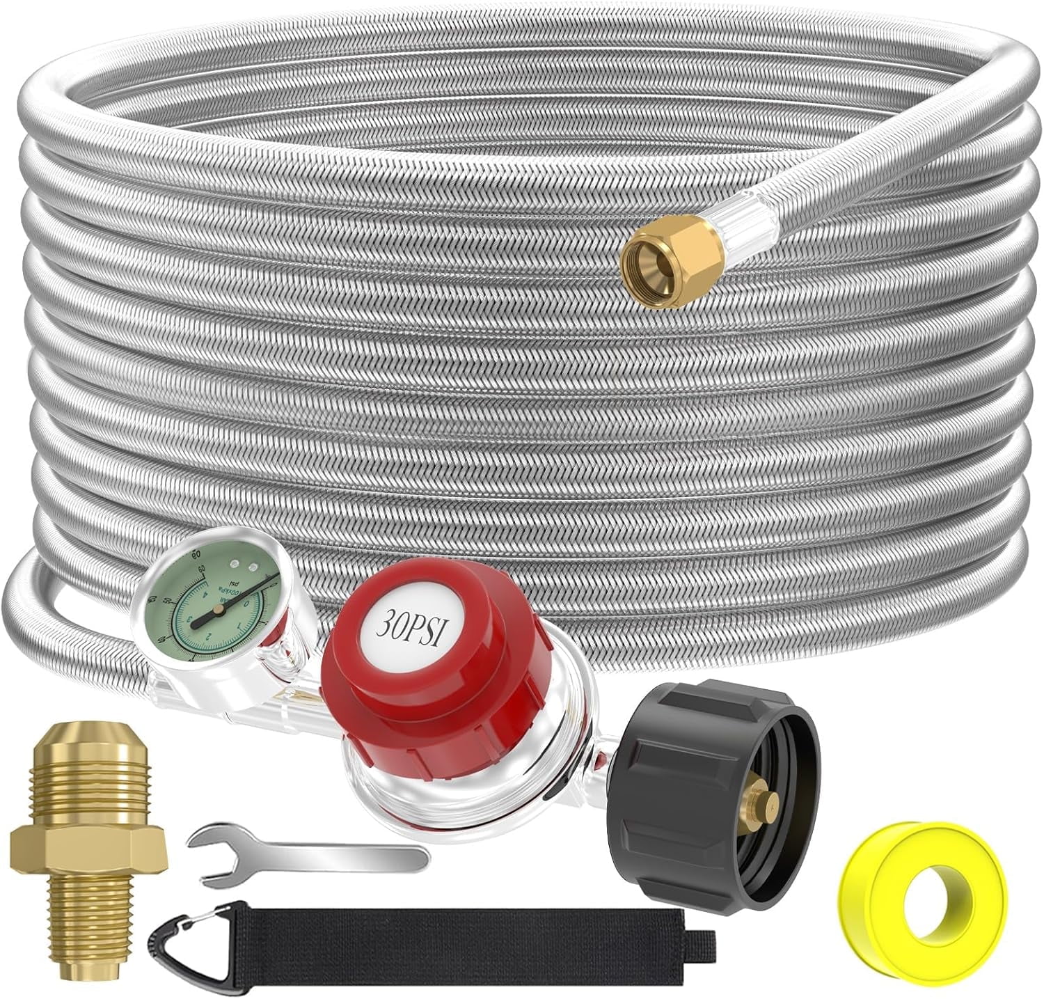 24FT 0-30 PSI Adjustable High Pressure Propane Regulator with Gauge 0~60PSI Gas Flow Indicator Stainless Propane QCC1 Hose with 3/8 Flare x 1/8 MNPT Fits for LP Gas Cooker, Burner, Turkey Fryer,Smoke