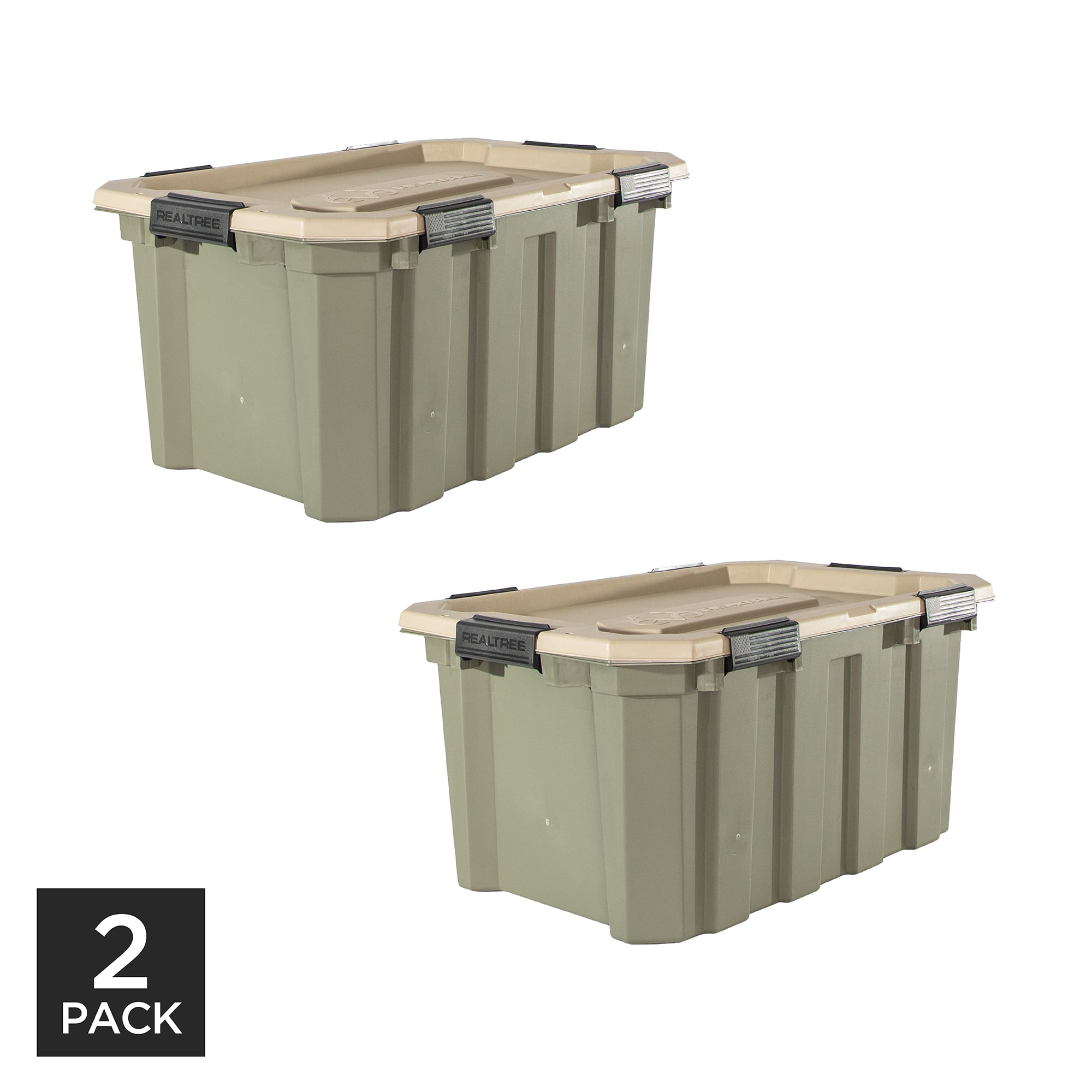 Realtree® WEATHERMAX™ 24 Gallon Green and Tan Storage Tote with Latching Lid, Heavy Duty Plastic Storage Bin, Pack of 2