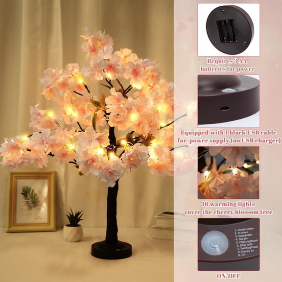 24IN Cherry Blossom Tree Light, 36 LED Lights Tabletop Tree with Timer Pink Flower Tree Lamp with USB Plug or Battery Operated for Home Wedding Party Indoor Decoration