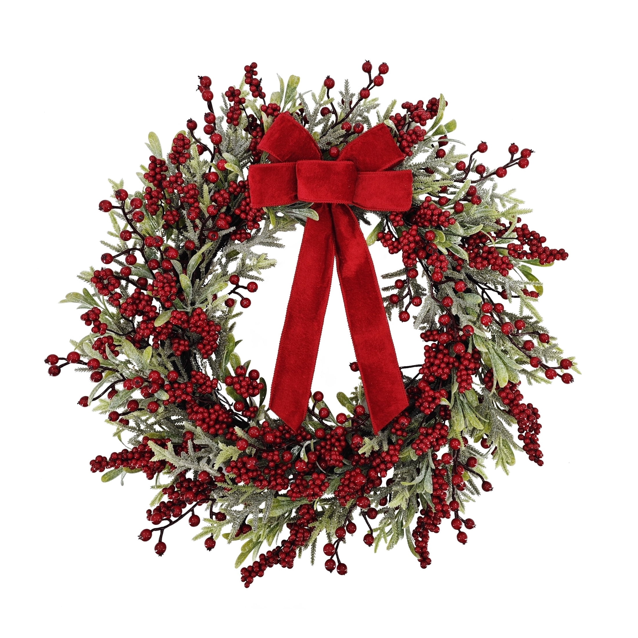 Frosted Evergreen and Eucalyptus Artificial Christmas Wreath with Berries and Bow, Red and Green, 24", by Holiday Time