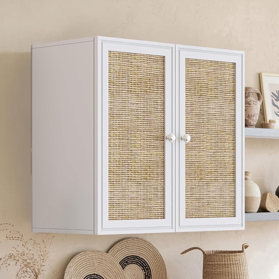24INCH Laundry Room Cabinets Bathroom Cabinets Wall Mounted with Adjustable Shelves, Rattan Wall Cabinet for Bedroom, Kitchen, Bathroom, White