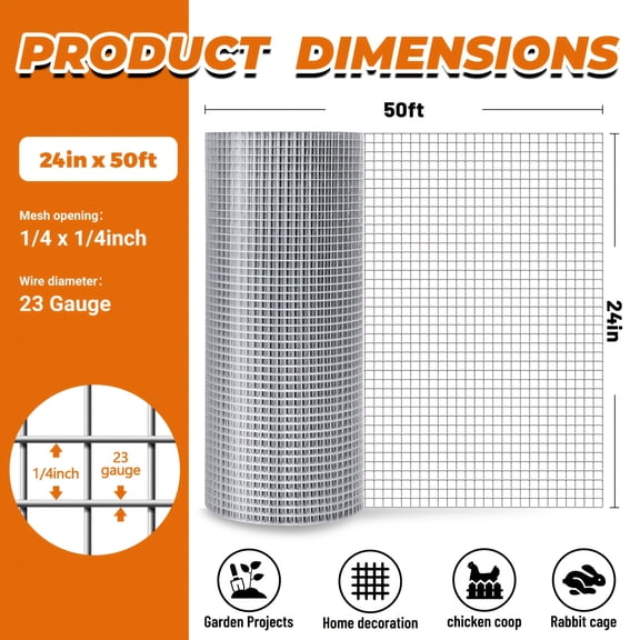 24In×49Ft Double-Layer Hot-Dip Galvanizing Wire Mesh Roll | Metal Hardware Cloth, Chicken Wire, Gopher Wire, Rabbit Wire, Anti Snake Fence, Construction And Garden Fencing