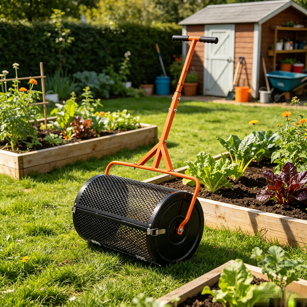24In Lawn Topdressing Spreader Heavy Duty Metal Mesh Compost Soil Sand Fertilizer Peat Moss Roller Orange Adjustable Ergonomic T-Shape Handle Clump-Free Distribution 2.7Cu Ft Capacity with Wide Door