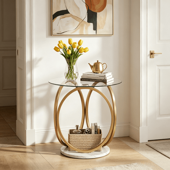 24In Round Gold White Side End Table 2-Tier Faux Marble Base Tempered Glass Top Modern Nightstand Accent Living Room Bedroom Sturdy Metal Frame Easy Assembly 66Lbs Capacity Home Office Apartment Den