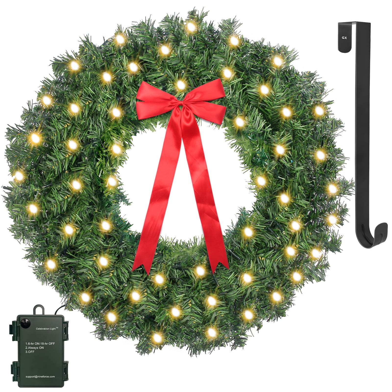 24In Wreath with Timer LED String Lights Artificial Door Garland Prelit DIY Xmas Bow Garland