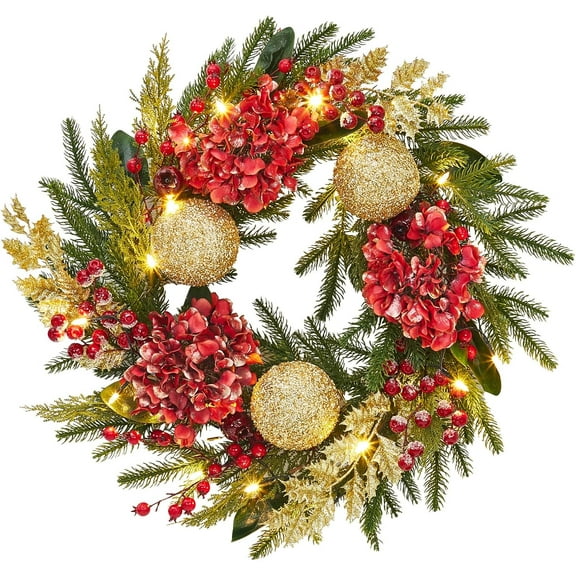24Inch Christmas Wreaths for Front Door, Artificial Xmas Wreath with Lights,Gold Ball Ornaments,Flower,for Indoor Outdoor Windows Wall Decor