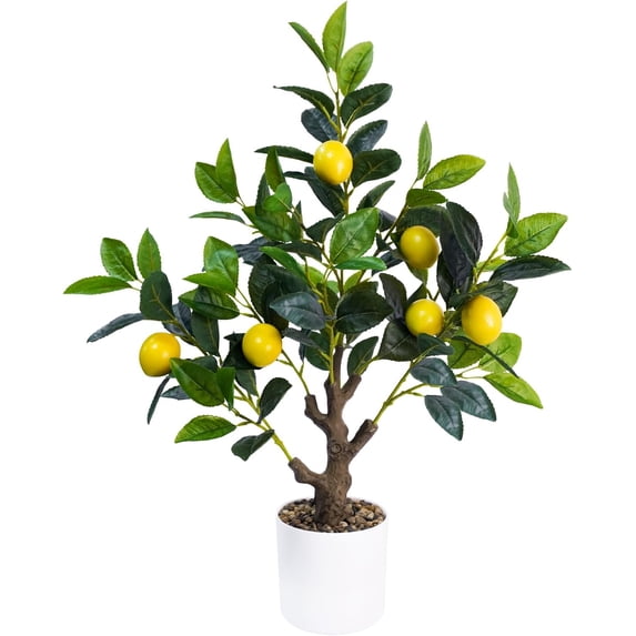 24Inch Fake Lemon Tree, Lemon Decor for Tabletop, Desk, Centerpiece, Home, Kitchen, Living Room, Artificial Potted Plants with White Planter and Stone Cover