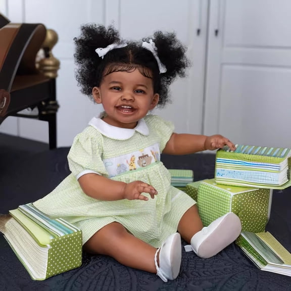 24Inch Lifelike Reborn Baby Dolls Girl Sweet Smiling Rooted Curly Hair That Look Real , Realistic Newborn Baby Doll Toddler Collectible Art Doll in Dark Brown Skin