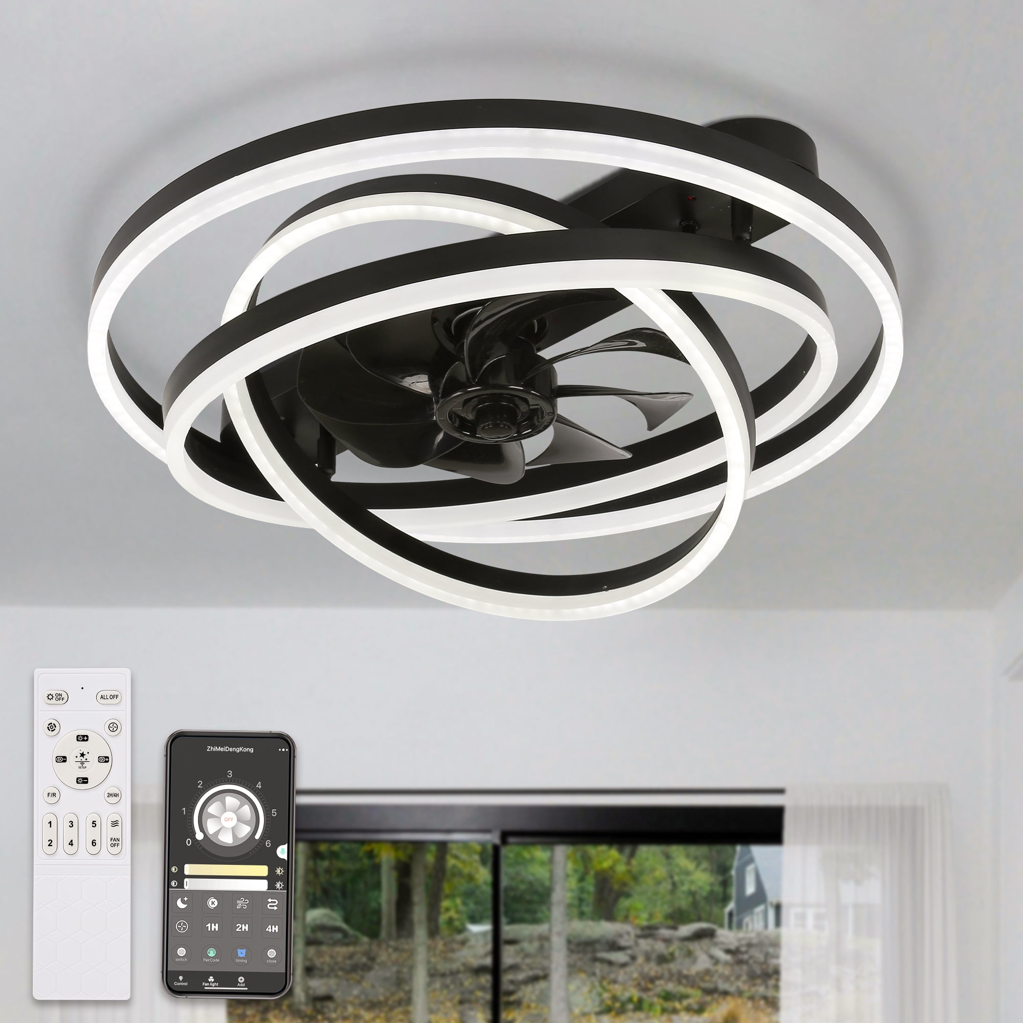 24Inch Modern Black Indoor Reversible Ceiling Fan with Dimmable LED Light, 6-Speed DIY Shape Ceiling Fan with Remote and APP Control