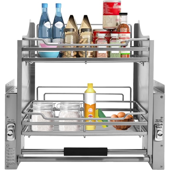 24Inch Pull Down Cabinet Organizer 2-Tier Pull Down Shelf with Heightened Guardrail & Handle Spice Rack for Kitchens Cafes Drop Down Shelf Dark Grey