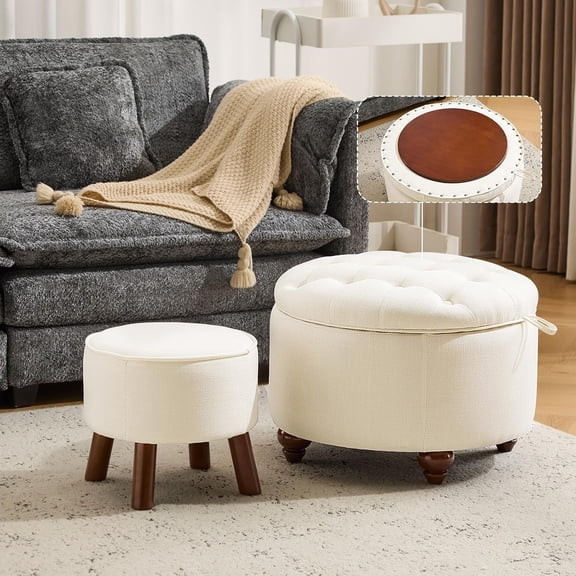 24Inch Round Storage Ottoman, Set of 2, Modern Button Tufted Coffee Table with Removable Top, Upholstered Ottoman with Storage Footrest Stool for Living Room, Bedroom (Beige)
