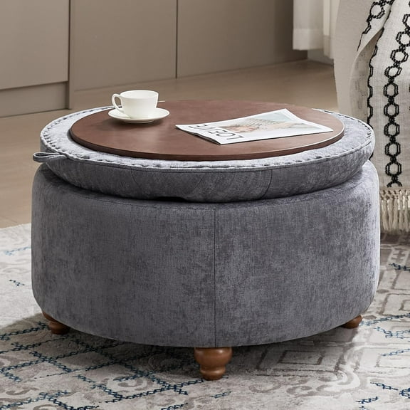 24Inch Round Storage Ottoman with Tray, Modern Tufted Circle Coffee Table with Storage, Upholstered Ottoman with Removable Top for Living Room, Bedroom, Chenille Blue