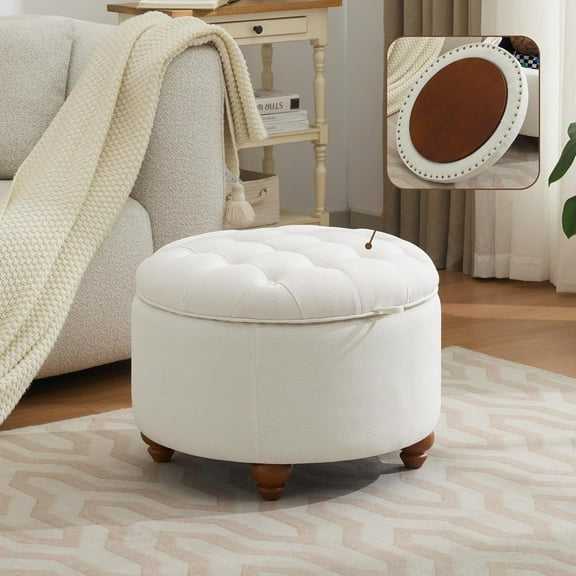 24Inch Round Storage Ottoman with Tray, Modern Tufted Fabric Circle Coffee Table with Storage, Upholstered Ottoman with Removable Top for Living Room, Bedroom, Beige