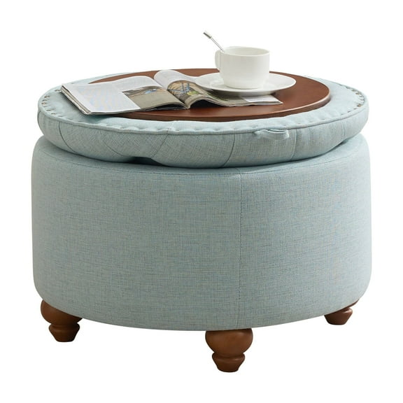 24Inch Round Storage Ottoman with Tray, Modern Tufted Fabric Circle Coffee Table with Storage, Upholstered Ottoman with Removable Top for Living Room, Bedroom, Blue