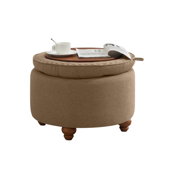 24Inch Round Storage Ottoman with Tray, Modern Tufted Fabric Circle Coffee Table with Storage, Upholstered Ottoman with Removable Top for Living Room, Bedroom, Brown