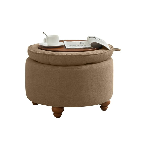 24Inch Round Storage Ottoman with Tray, Modern Tufted Fabric Circle Coffee Table with Storage, Upholstered Ottoman with Removable Top for Living Room, Bedroom, Brown