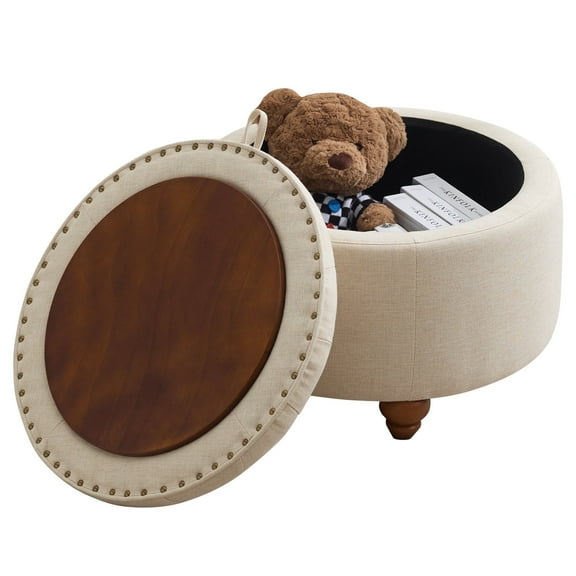 24Inch Round Storage Ottoman with Tray, Modern Tufted Fabric Circle Coffee Table with Storage, Upholstered Ottoman with Removable Top for Living Room, Bedroom, Khaki