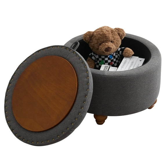 24Inch Round Storage Ottoman with Tray, Modern Tufted Fabric Circle Coffee Table with Storage, Upholstered Ottoman with Removable Top for Living Room, Bedroom, Dark Grey