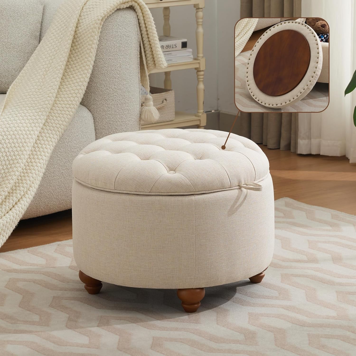24Inch Round Storage Ottoman with Tray, Modern Tufted Fabric Circle ...