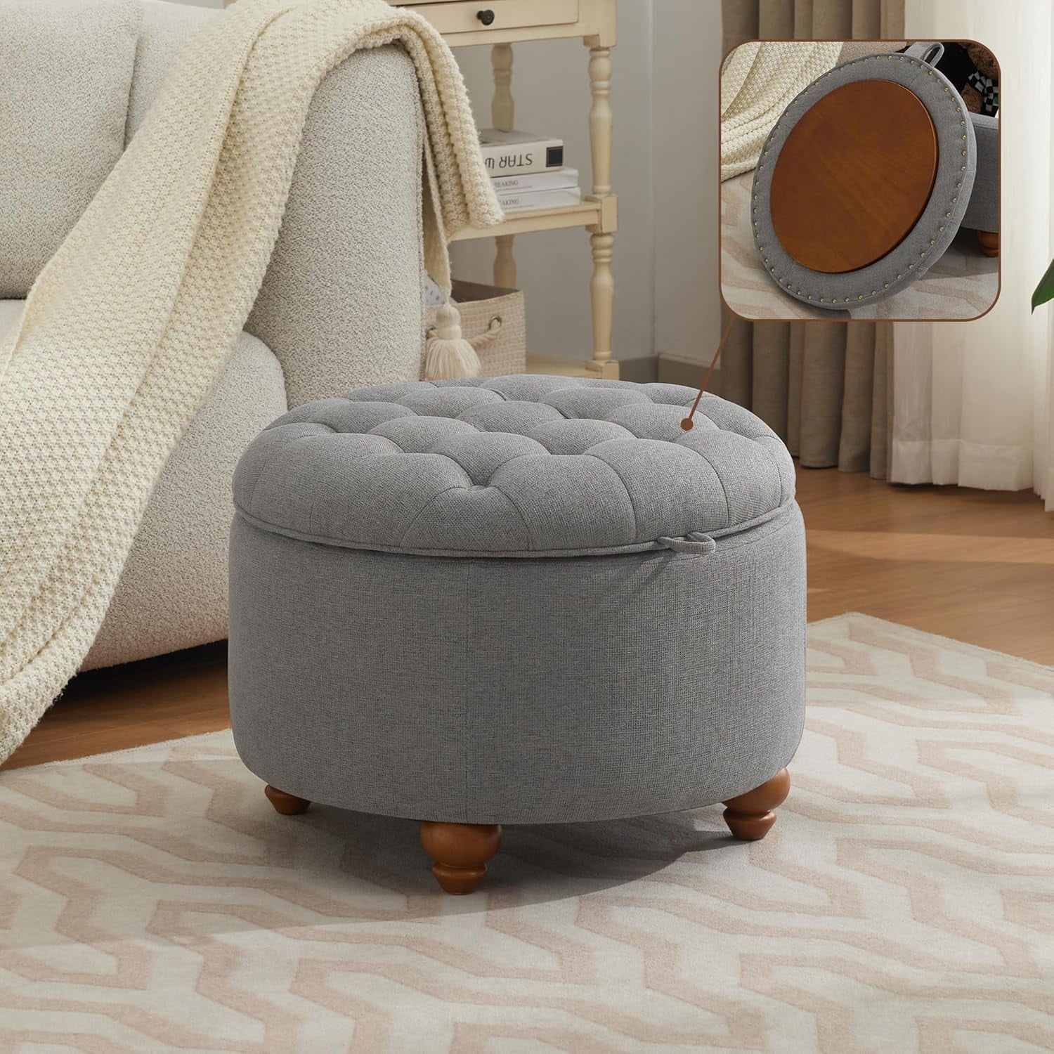 30-Inch Round Storage Ottoman, Button Tufted Ottoman Coffee Table With Removable Top For Living Room Bedroom Office Black