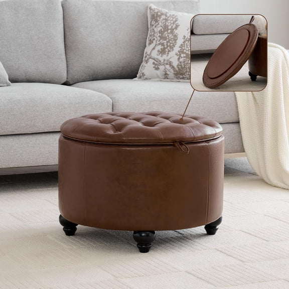 24Inch Round Storage Ottoman with Tray, Modern Tufted Leather Circle Coffee Table with Storage, Upholstered Ottoman with Removable Top for Living Room, Bedroom, Leather Coffee