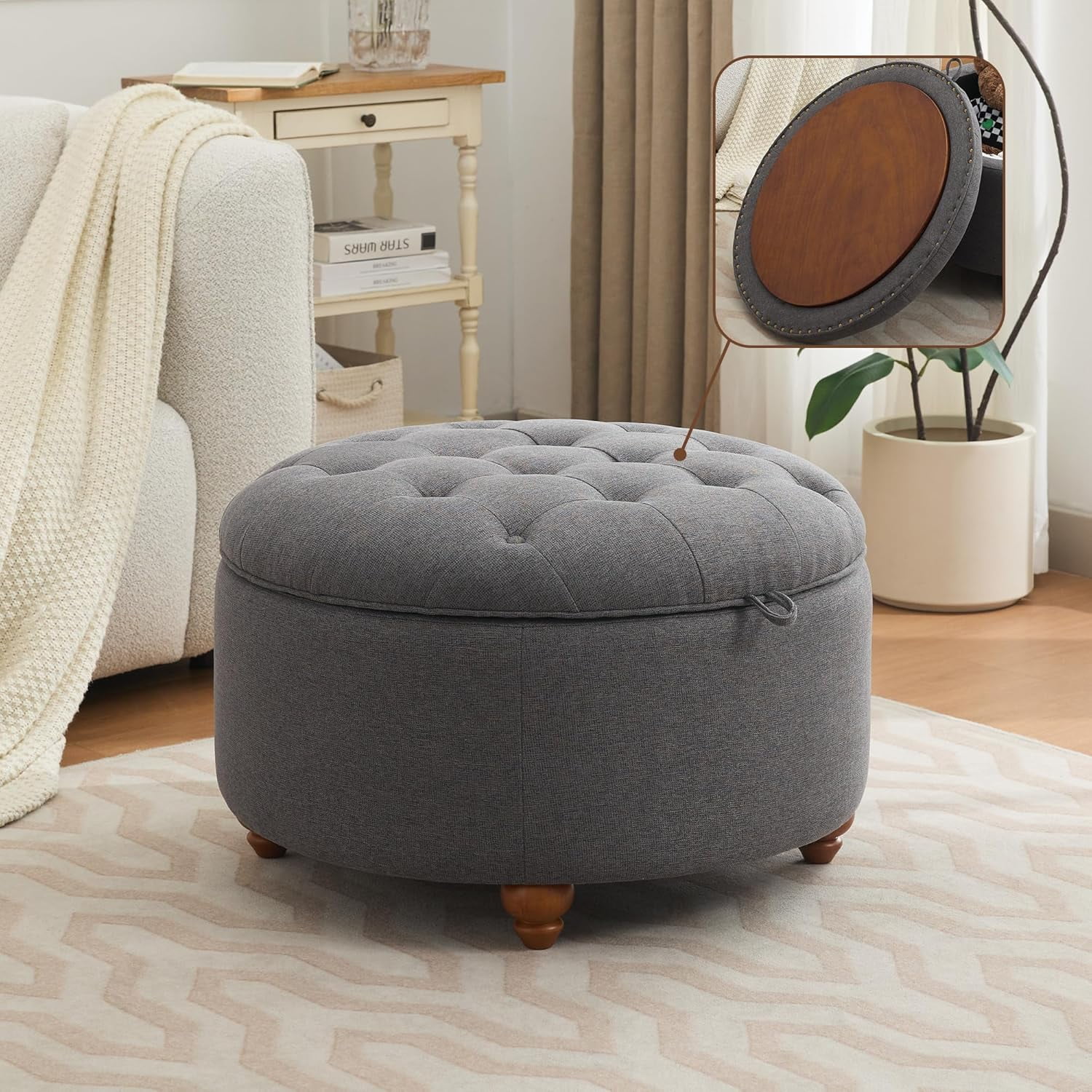 24Inch Round Storage Ottoman with Tray Tufted Fabric Circle Ottoman ...